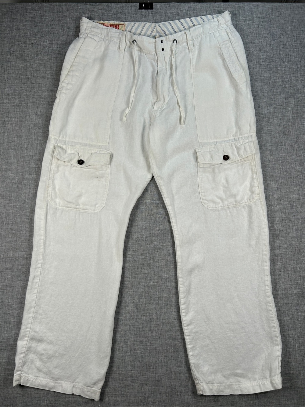 Guess Jeans Men’s 34x32 White Linen Cargo Pants Resort Beach Drawstring